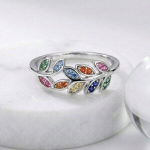 Rainbow Zirconia Leaf Ring Sterling Silver Size 7 Vine Band Nature Cottagecore